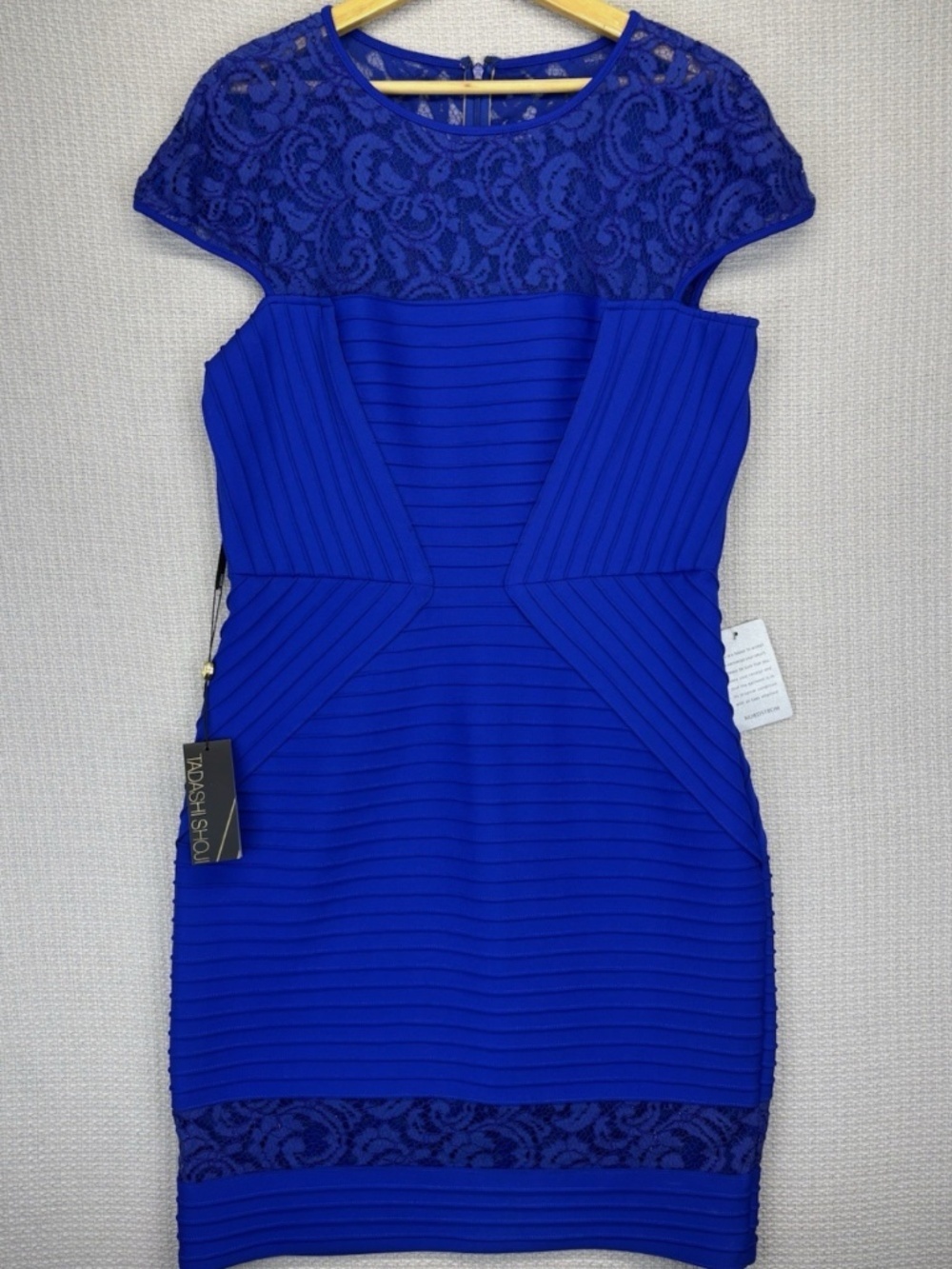 NWT Tadashi Shoji Blue Paneled Sheath Dress -Lace Cap Sleeves Midi Cocktail XL